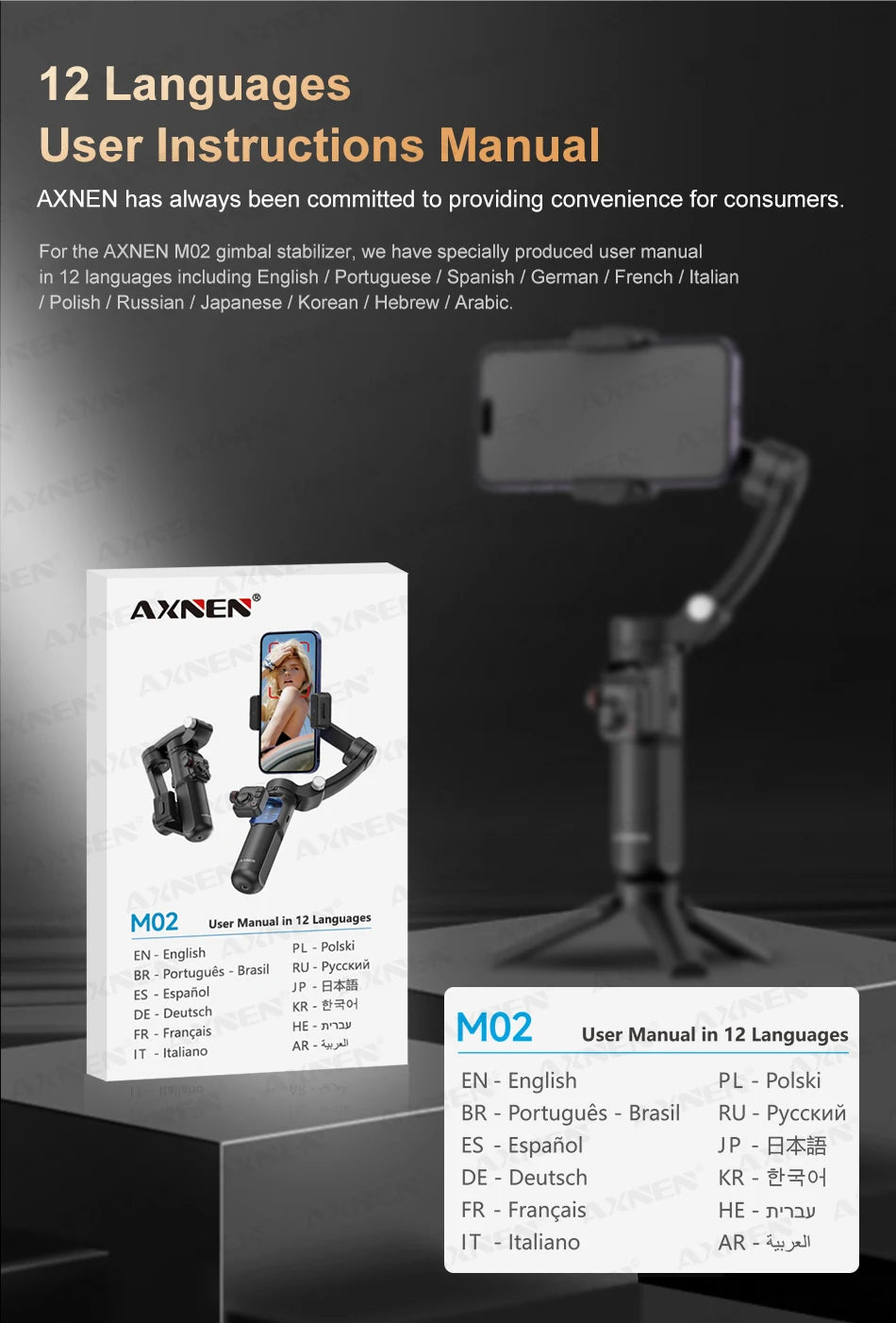 AXNEN M02 Phone Stabilizer 3-Axis Foldable Handheld Gimbal AI Face Tracking for iPhone Android Smartphone, Detachable Remote