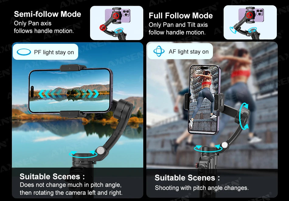 AXNEN M02 Phone Stabilizer 3-Axis Foldable Handheld Gimbal AI Face Tracking for iPhone Android Smartphone, Detachable Remote