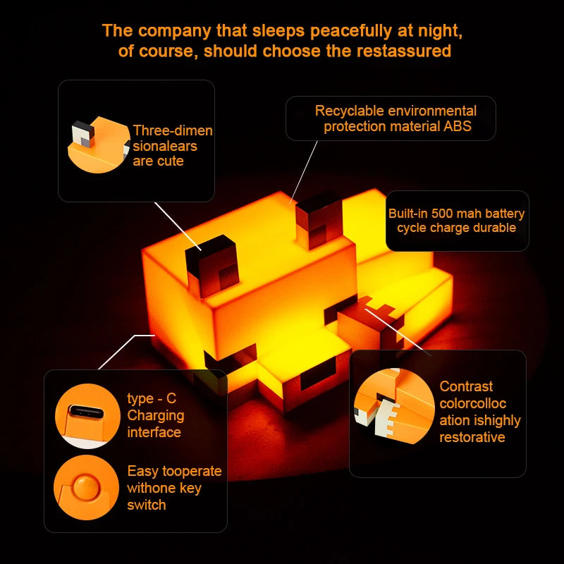 MC Game Cute Fox Night Light Soft Orange Glow Officially Licensed Decor And Desk Lamp For Gaming Room Or Kids And Tween Bedroom