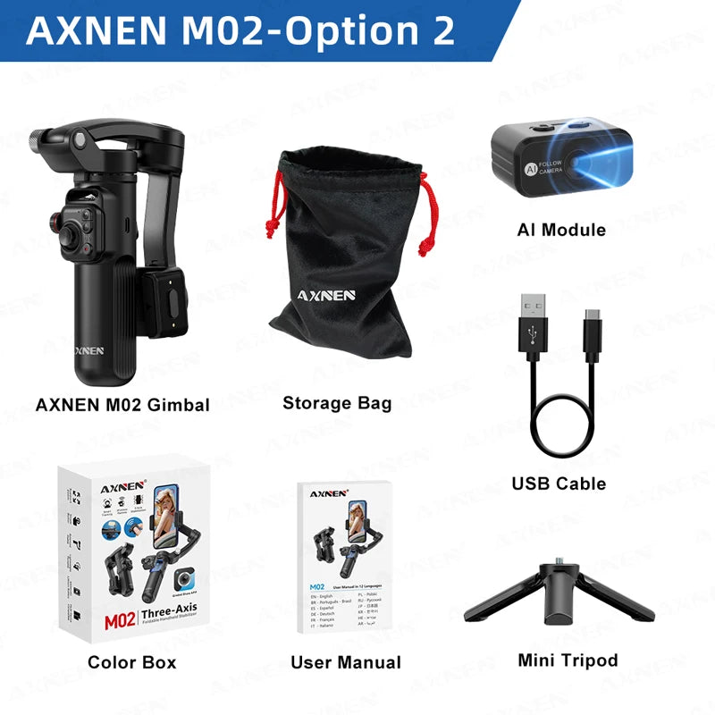 AXNEN M02 Phone Stabilizer 3-Axis Foldable Handheld Gimbal AI Face Tracking for iPhone Android Smartphone, Detachable Remote