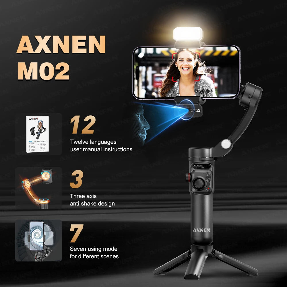 AXNEN M02 Phone Stabilizer 3-Axis Foldable Handheld Gimbal AI Face Tracking for iPhone Android Smartphone, Detachable Remote