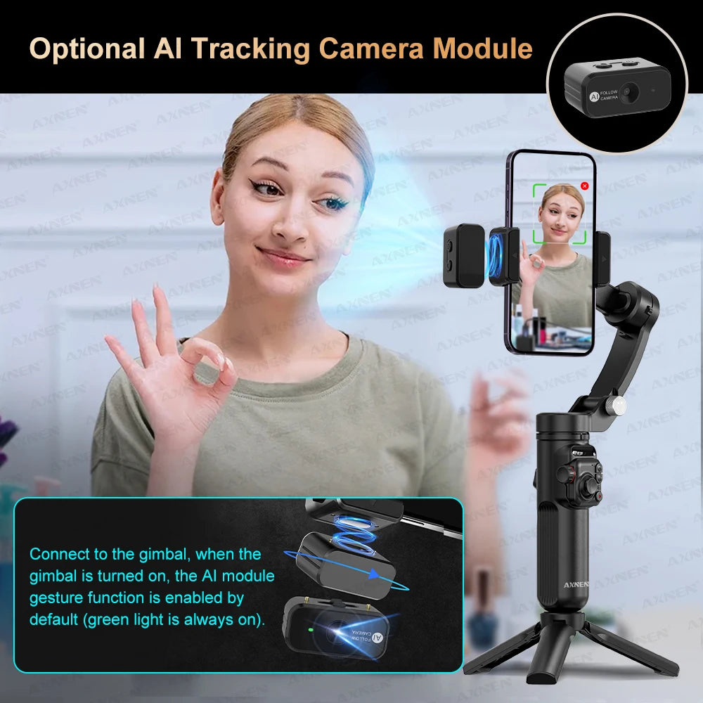 AXNEN M02 Phone Stabilizer 3-Axis Foldable Handheld Gimbal AI Face Tracking for iPhone Android Smartphone, Detachable Remote