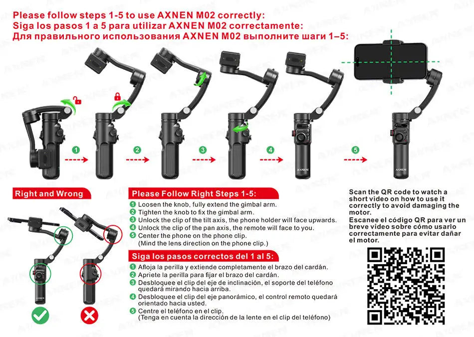 AXNEN M02 Phone Stabilizer 3-Axis Foldable Handheld Gimbal AI Face Tracking for iPhone Android Smartphone, Detachable Remote