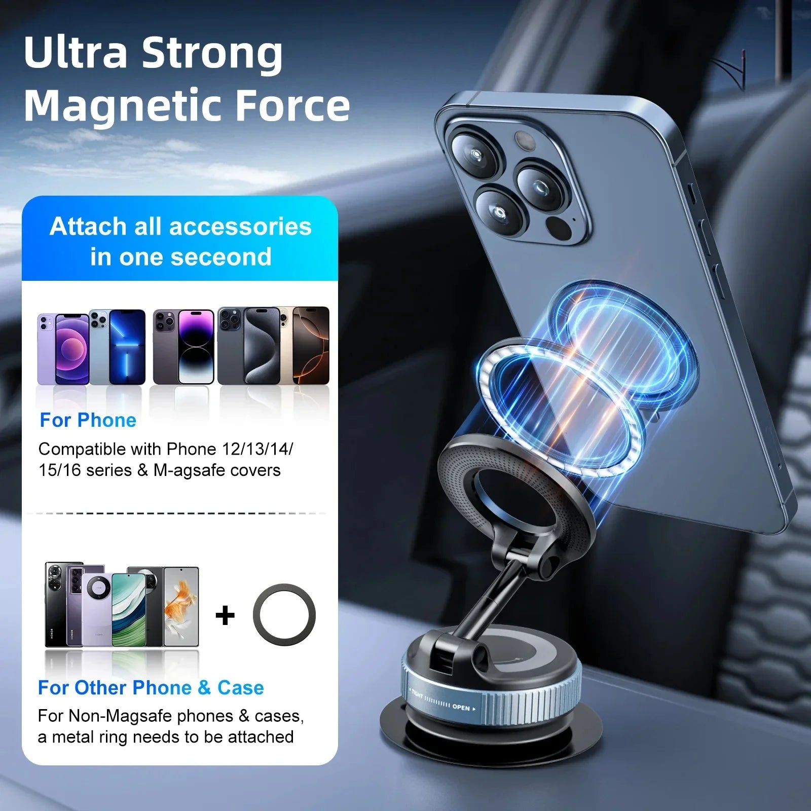 Car Mount Electric Vacuum Magnetic Holder Foldable Strong Suction Stand For Cell Phone For iphone 12 13 14 15 16 Live Streaming