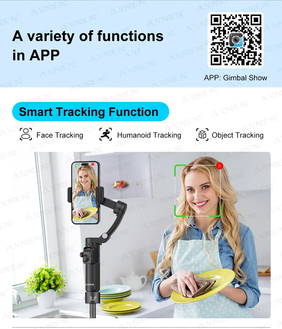 AXNEN M02 Phone Stabilizer 3-Axis Foldable Handheld Gimbal AI Face Tracking for iPhone Android Smartphone, Detachable Remote