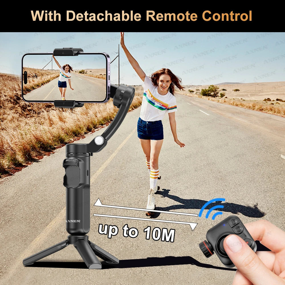 AXNEN M02 Phone Stabilizer 3-Axis Foldable Handheld Gimbal AI Face Tracking for iPhone Android Smartphone, Detachable Remote