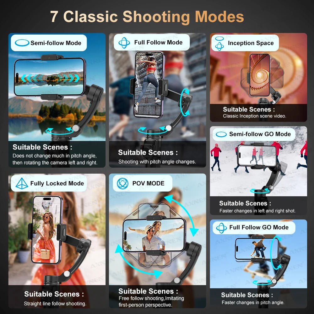 AXNEN M02 Phone Stabilizer 3-Axis Foldable Handheld Gimbal AI Face Tracking for iPhone Android Smartphone, Detachable Remote