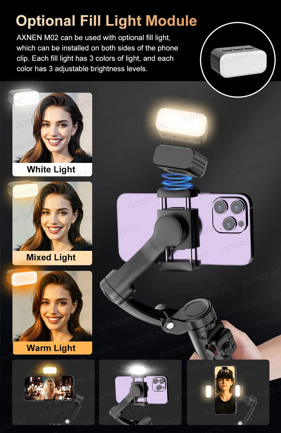 AXNEN M02 Phone Stabilizer 3-Axis Foldable Handheld Gimbal AI Face Tracking for iPhone Android Smartphone, Detachable Remote