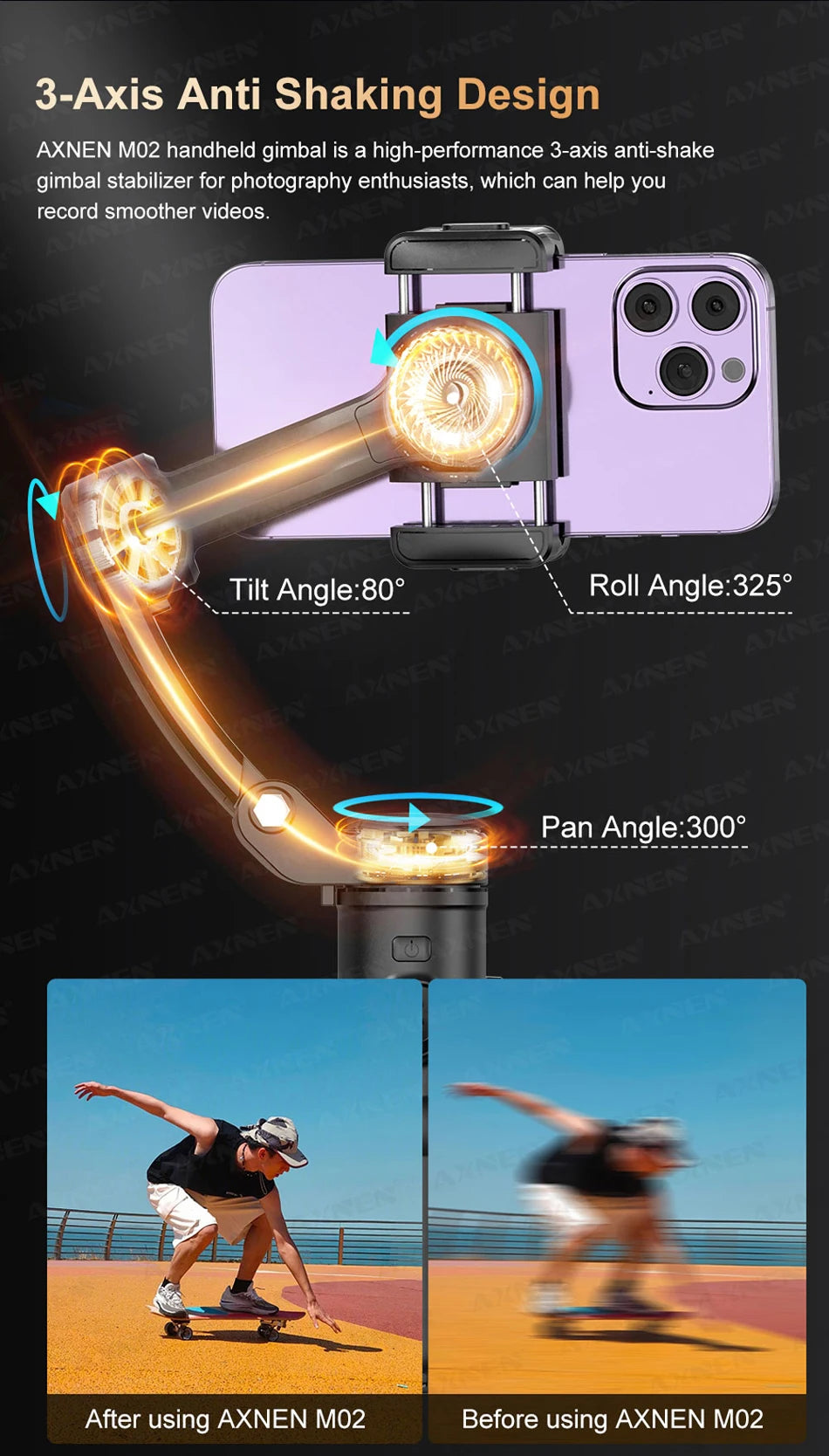 AXNEN M02 Phone Stabilizer 3-Axis Foldable Handheld Gimbal AI Face Tracking for iPhone Android Smartphone, Detachable Remote