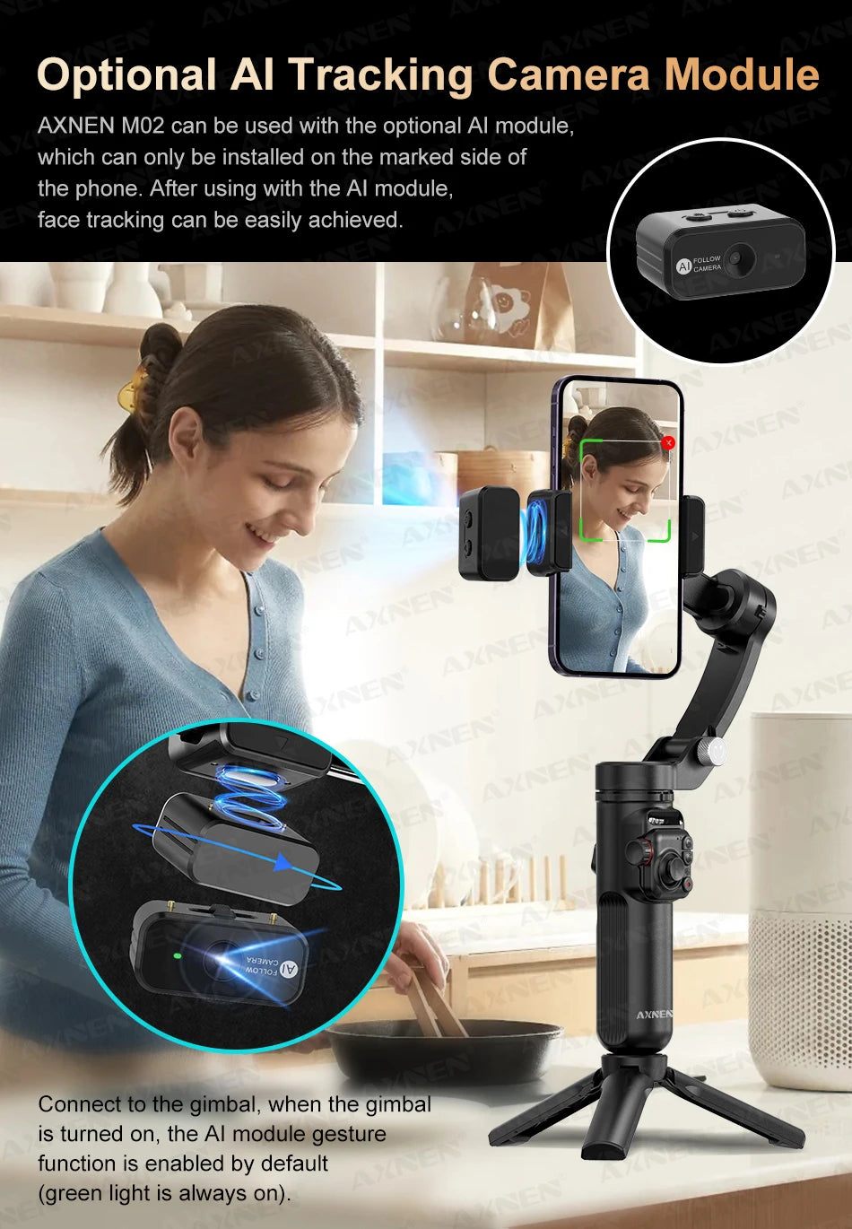 AXNEN M02 Phone Stabilizer 3-Axis Foldable Handheld Gimbal AI Face Tracking for iPhone Android Smartphone, Detachable Remote