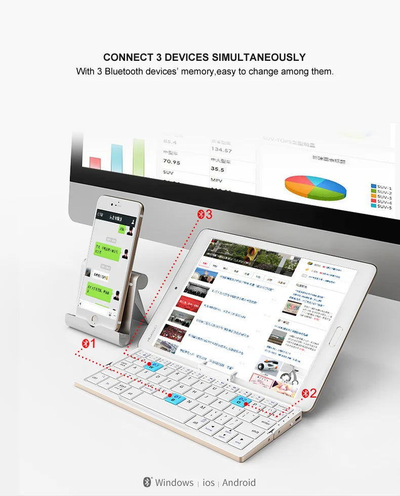 BOW Mini Folding Bluetooth Keyboard Wireless Keypad Support3 Devices With Stand Rechargeable Foldable Keyboard for Phone Tablet