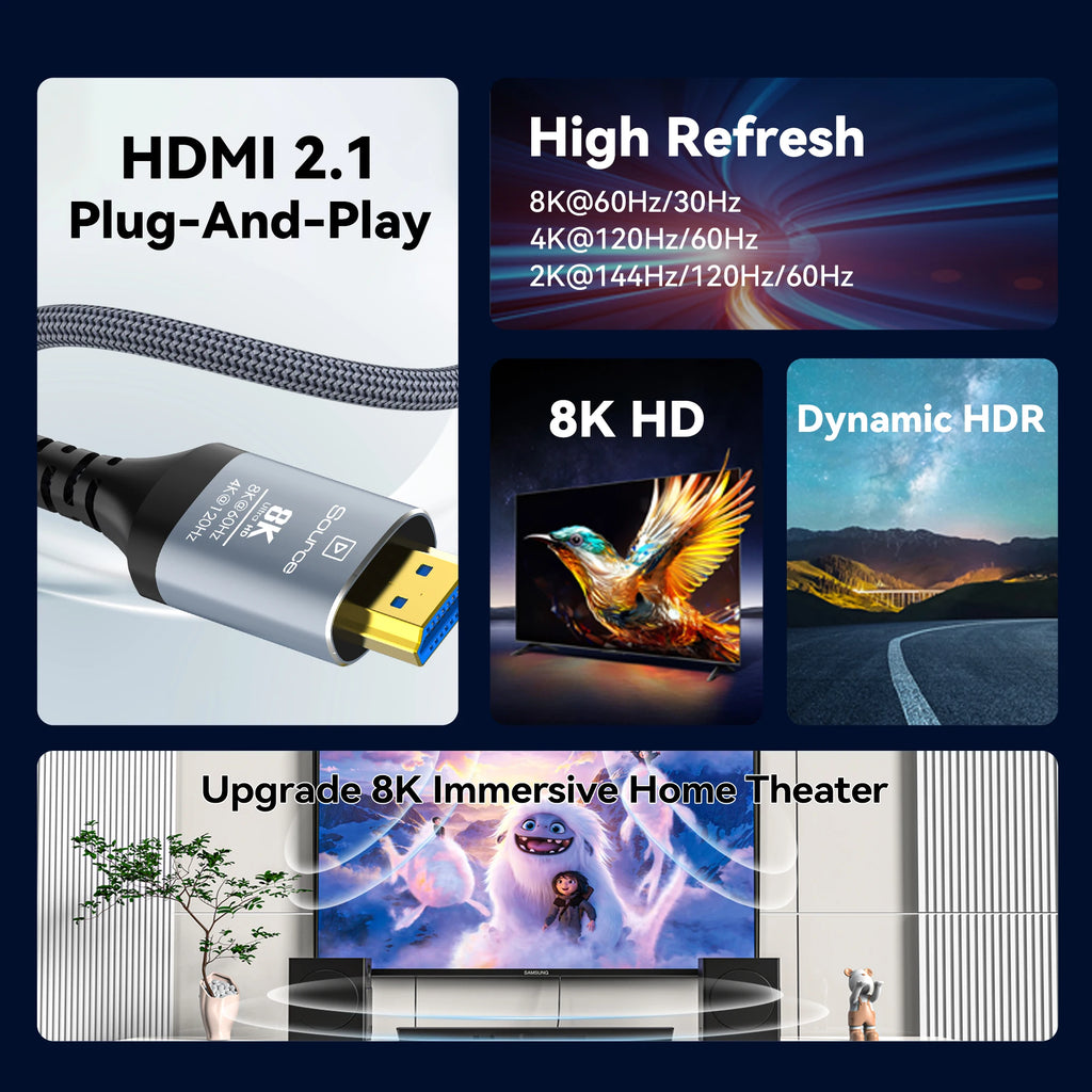 8K HDMI 2.1 Fiber Optic Cable 8K60Hz 4K120Hz HDMI Cable Dynamic HDR/eARC/HDCP 2.3 Compatible with LG Samsung Sony TV/PS5/Blu-ray