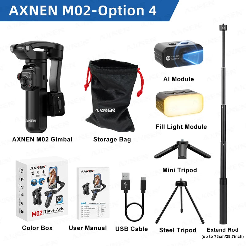 AXNEN M02 Phone Stabilizer 3-Axis Foldable Handheld Gimbal AI Face Tracking for iPhone Android Smartphone, Detachable Remote