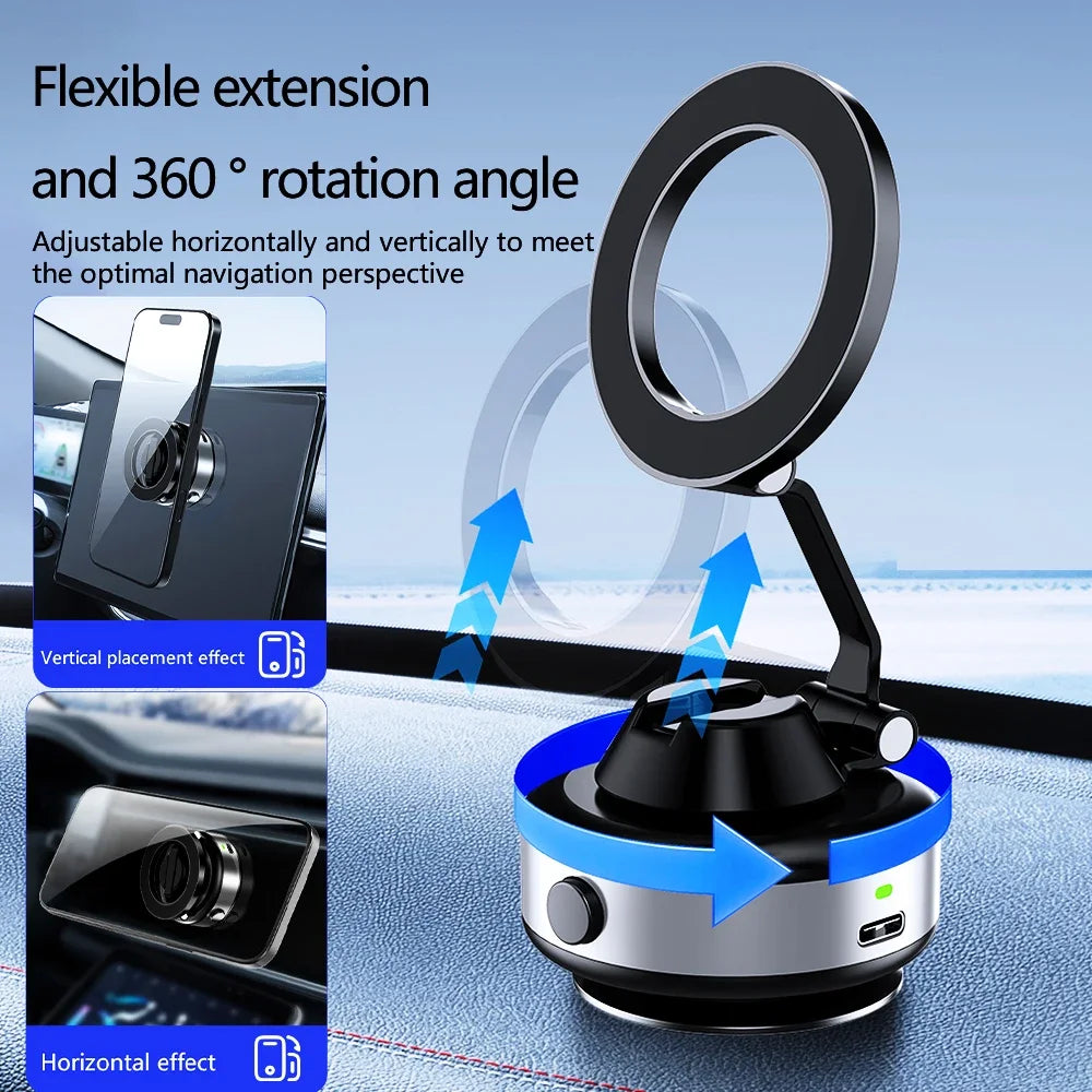 X98 Electric Vacuum Suction Cup Car Phone Holder 360°Rotation Strong Magnetic Foldable Stand for iphone 12-16 Pro Xiaomi Samsung