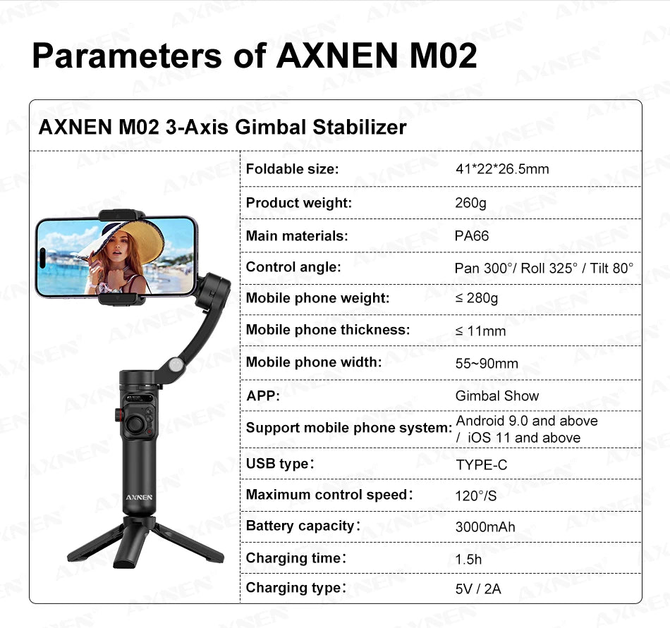 AXNEN M02 Phone Stabilizer 3-Axis Foldable Handheld Gimbal AI Face Tracking for iPhone Android Smartphone, Detachable Remote