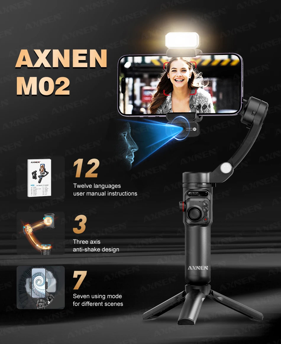 AXNEN M02 Phone Stabilizer 3-Axis Foldable Handheld Gimbal AI Face Tracking for iPhone Android Smartphone, Detachable Remote