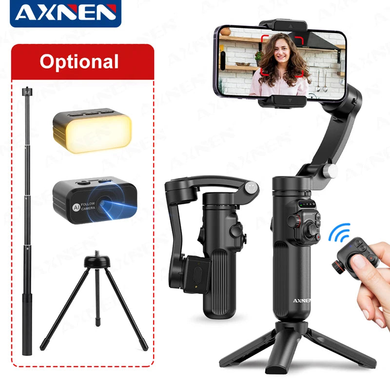 AXNEN M02 Phone Stabilizer 3-Axis Foldable Handheld Gimbal AI Face Tracking for iPhone Android Smartphone, Detachable Remote