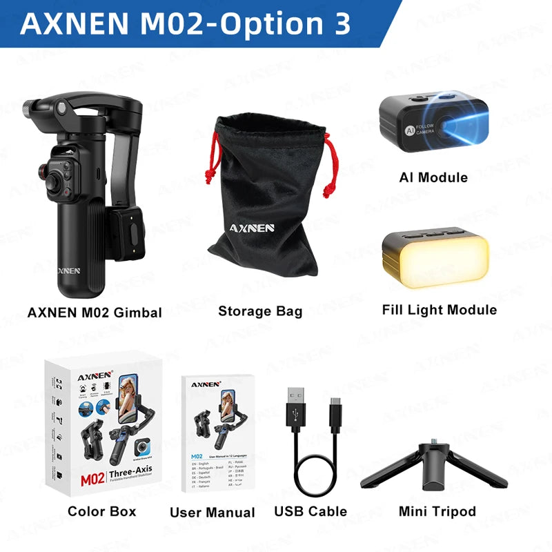 AXNEN M02 Phone Stabilizer 3-Axis Foldable Handheld Gimbal AI Face Tracking for iPhone Android Smartphone, Detachable Remote