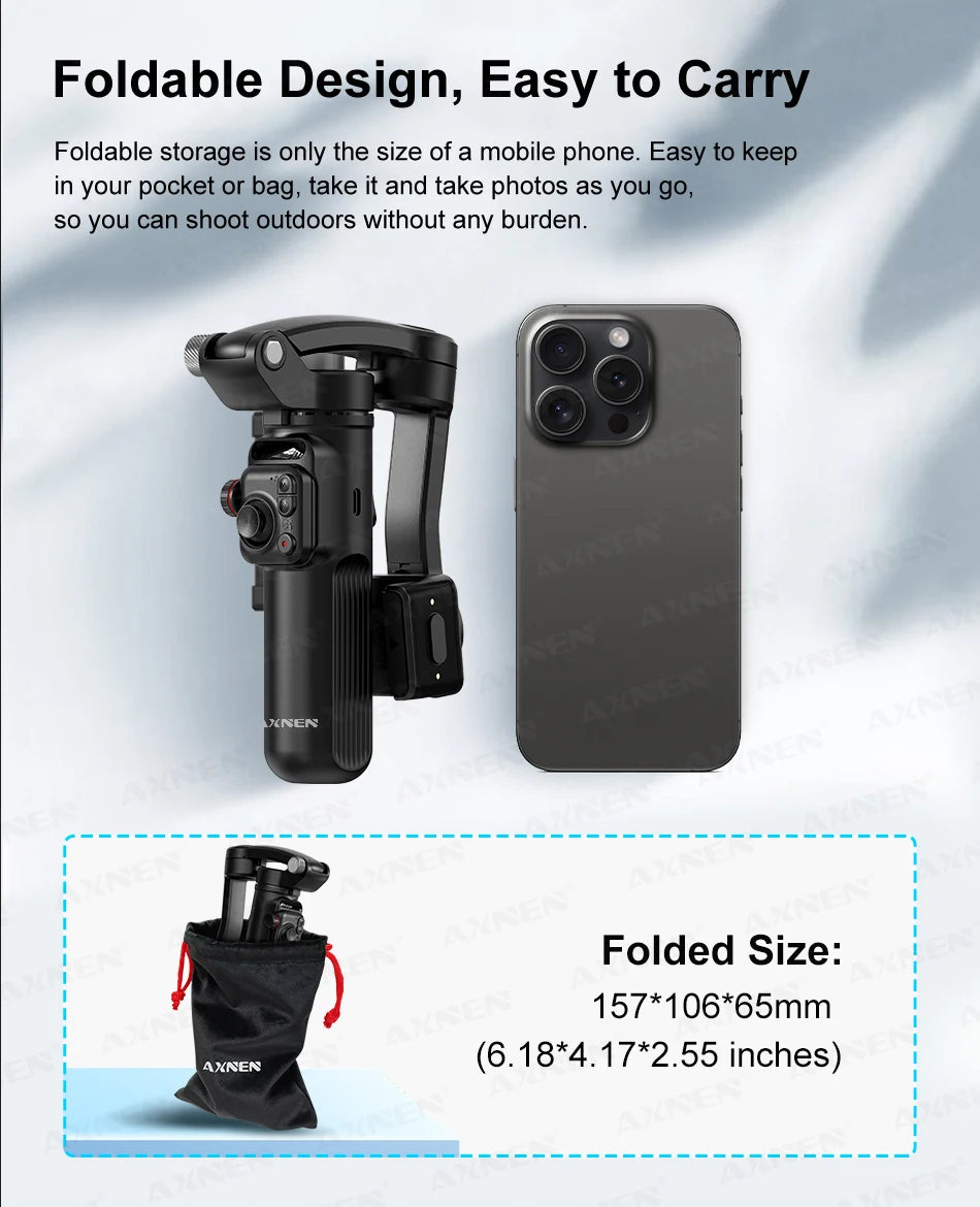 AXNEN M02 Phone Stabilizer 3-Axis Foldable Handheld Gimbal AI Face Tracking for iPhone Android Smartphone, Detachable Remote