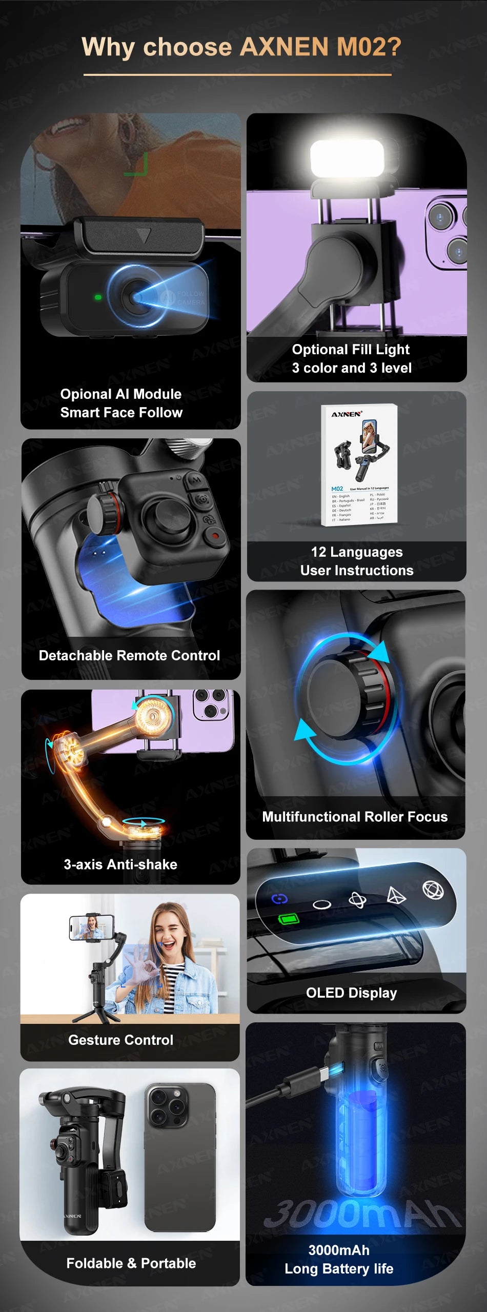 AXNEN M02 Phone Stabilizer 3-Axis Foldable Handheld Gimbal AI Face Tracking for iPhone Android Smartphone, Detachable Remote