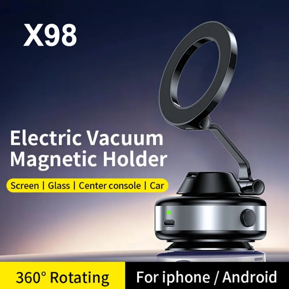 X98 Electric Vacuum Suction Cup Car Phone Holder 360°Rotation Strong Magnetic Foldable Stand for iphone 12-16 Pro Xiaomi Samsung